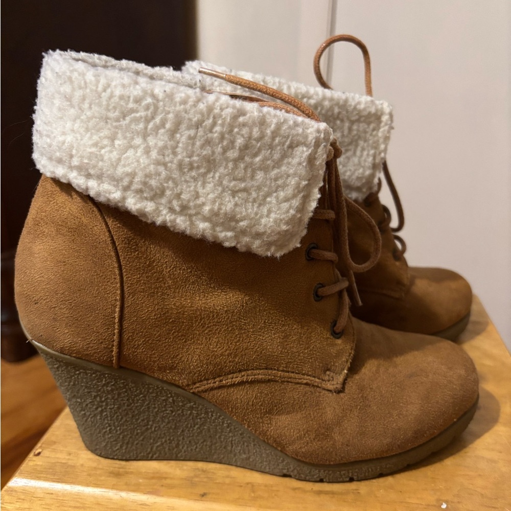 Rampage Brown Lace Up Booties with White Cuff - Picture 2 of 7